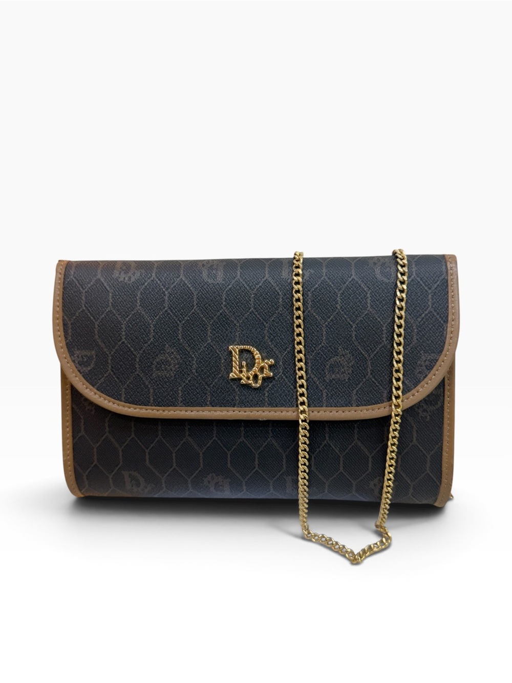 Authentic Christian Dior Honeycomb Pattern Chain ShoulderBag in Khaki Brown